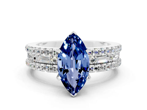 White gold Marquise Cut Blue Sapphire Solitaire Ring with Pavé and Channel Set Band