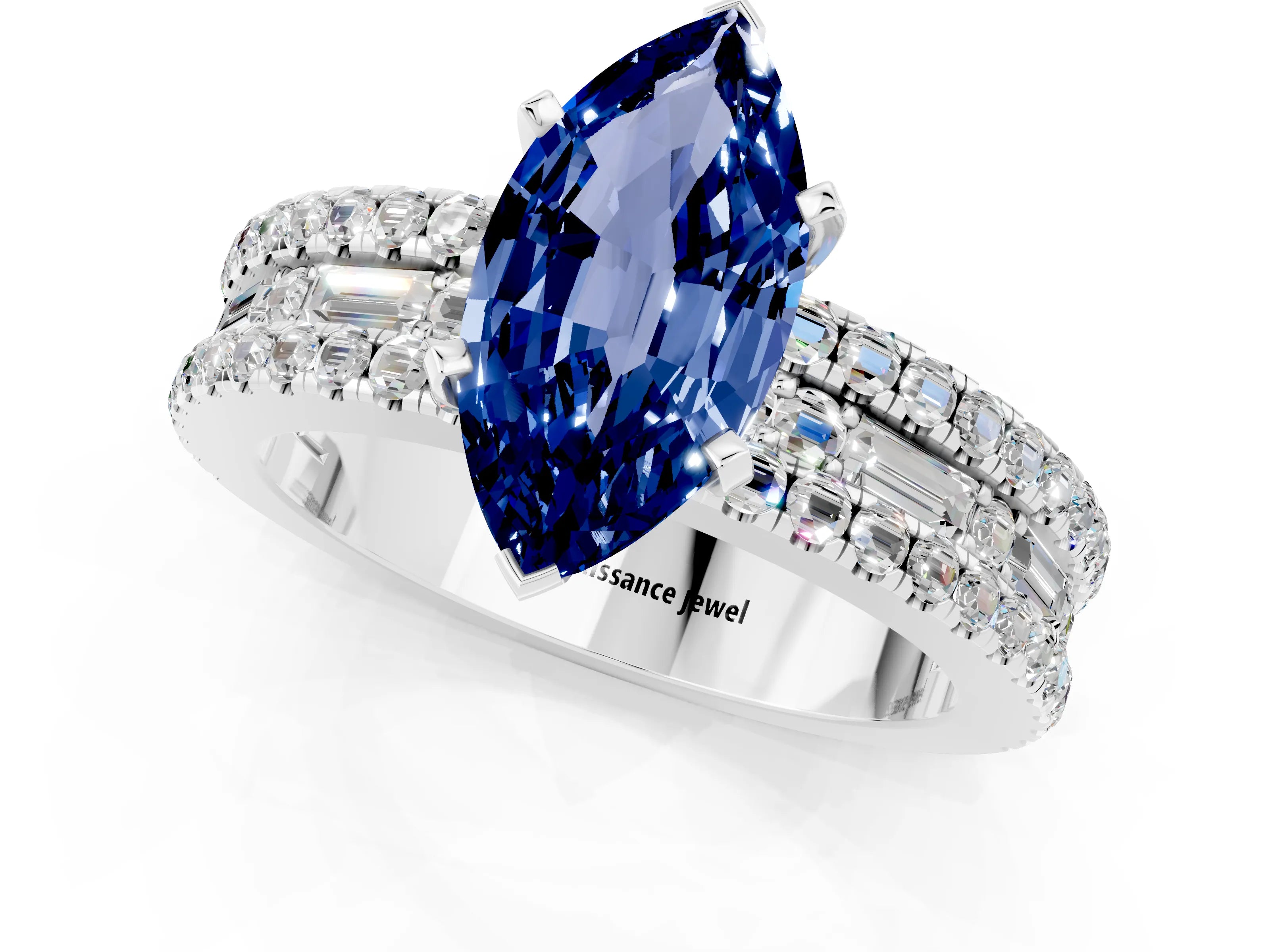 White gold Marquise Cut Blue Sapphire Solitaire Ring with Pavé and Channel Set Band_1