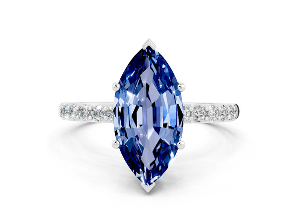 Platinum Marquise Cut Blue Sapphire Solitaire Ring with Round  Pavé Band and Prong Setting