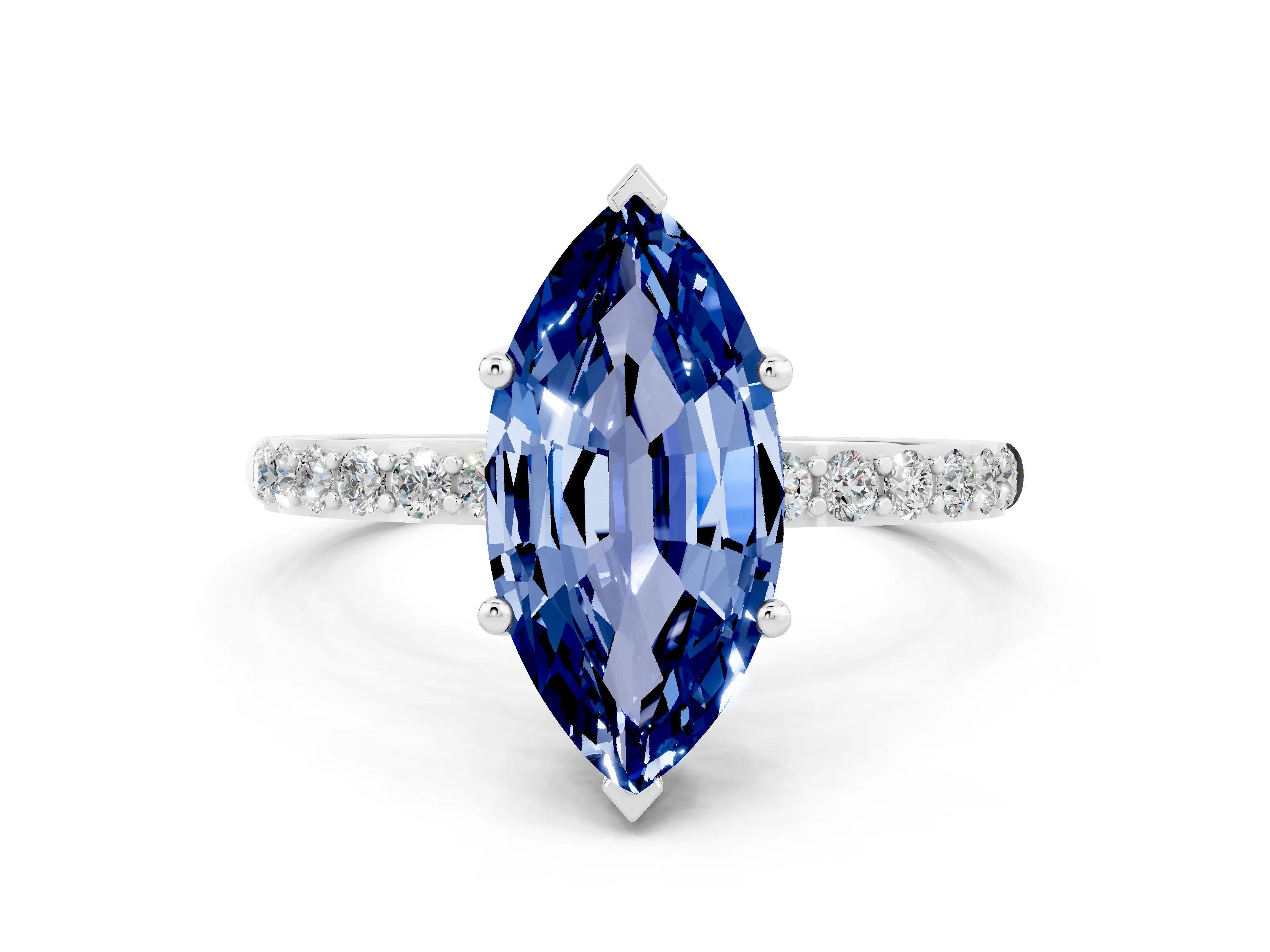 White gold Marquise Cut Blue Sapphire Solitaire Ring with Pave Band and Four Prong Setting_24