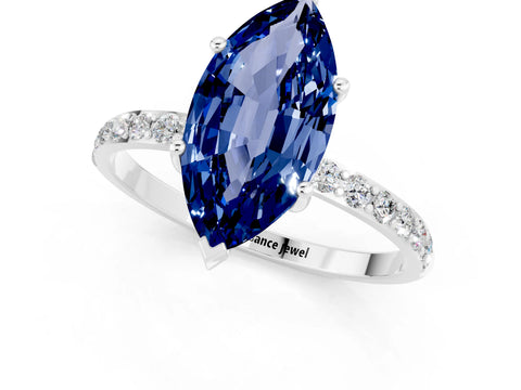 White gold Marquise Cut Blue Sapphire Solitaire Ring with Pave Band and Four Prong Setting_25