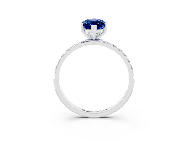 Silver Marquise Cut Blue Sapphire Solitaire Ring with Round  Pavé Band and Prong Setting