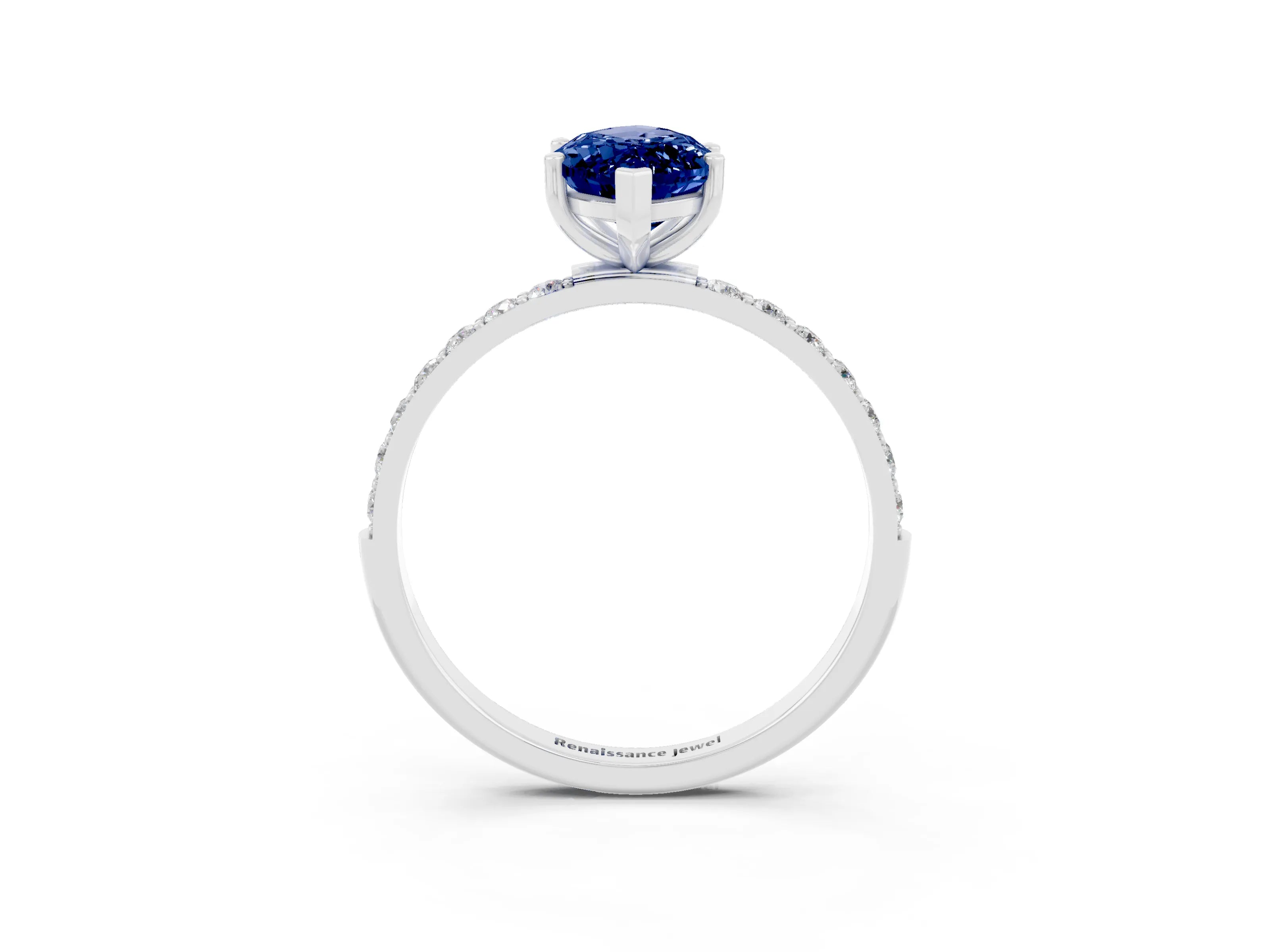 White gold Marquise Cut Blue Sapphire Solitaire Ring with Pave Band and Four Prong Setting_27