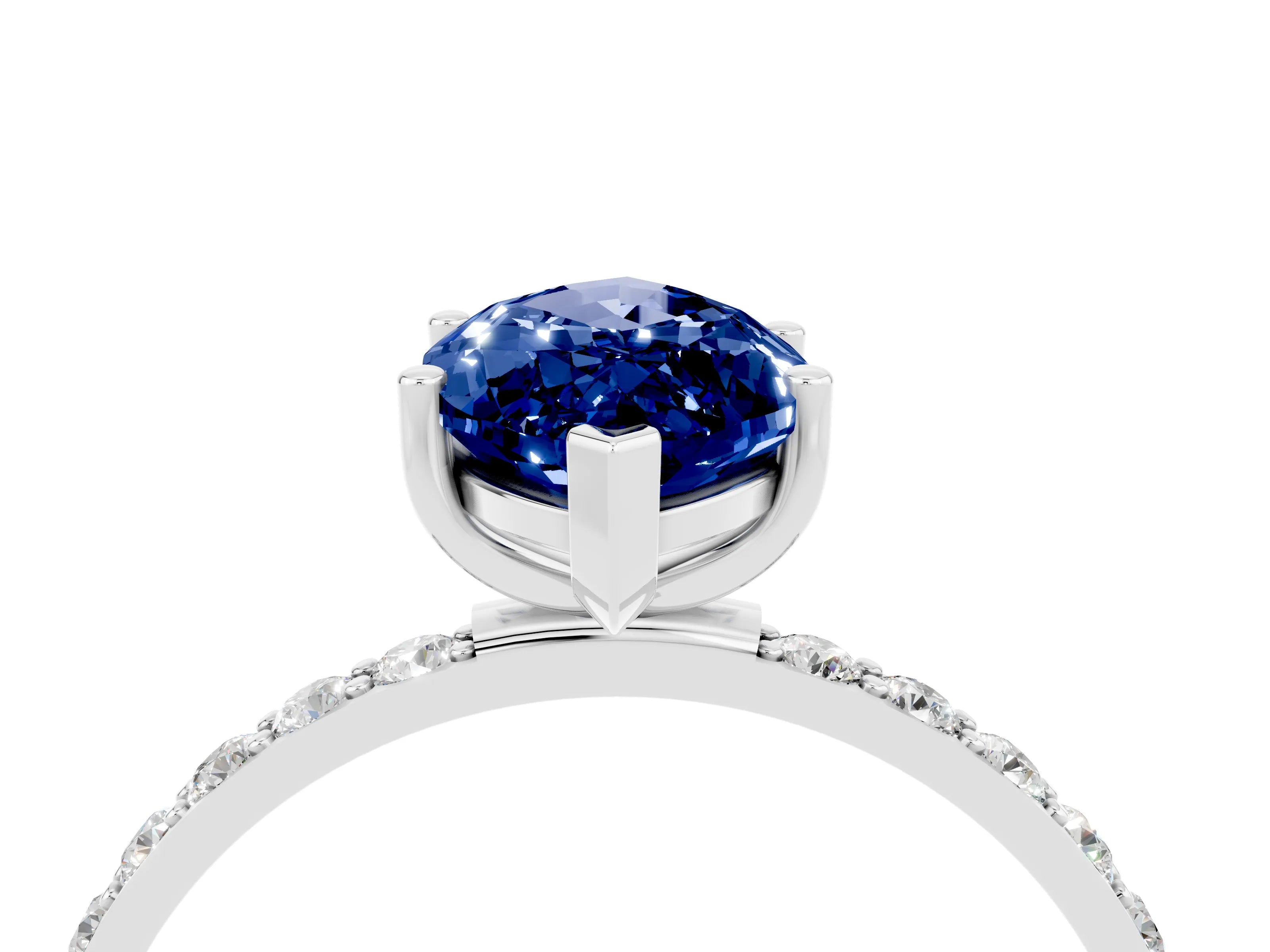 White gold Marquise Cut Blue Sapphire Solitaire Ring with Pave Band and Four Prong Setting_28