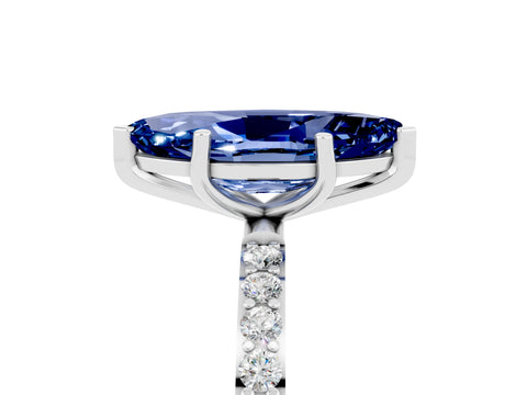 White gold Marquise Cut Blue Sapphire Solitaire Ring with Pave Band and Four Prong Setting_29