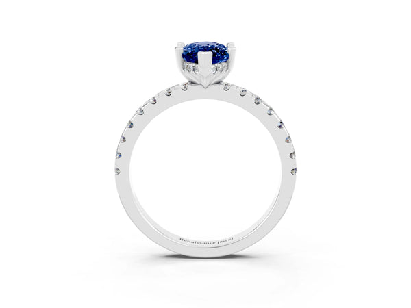 White Gold Marquise Lab-Grown Blue Sapphire Hidden Halo Engagement Ring with Pave Band