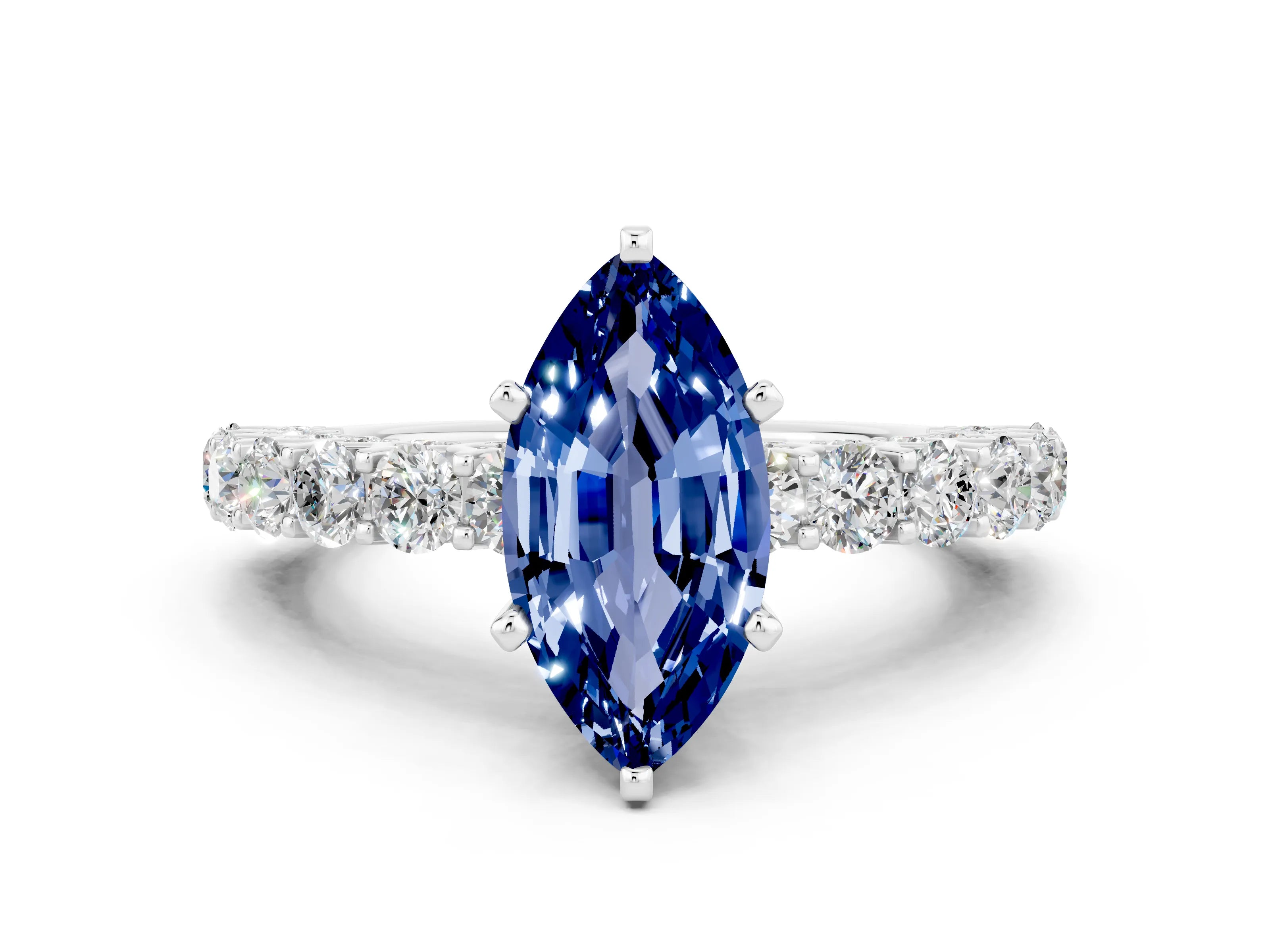 White gold Marquise Cut Blue Sapphire Solitaire Ring with Shared Prong Pavé Band and Four-Prong Setting