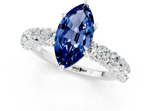 Platinum Marquise Cut Blue Sapphire Solitaire Ring with Shared Prong Pavé Band and Four-Prong Setting