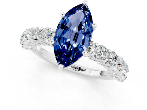 White gold Marquise Cut Blue Sapphire Solitaire Ring with Shared Prong Pavé Band and Four-Prong Setting_1