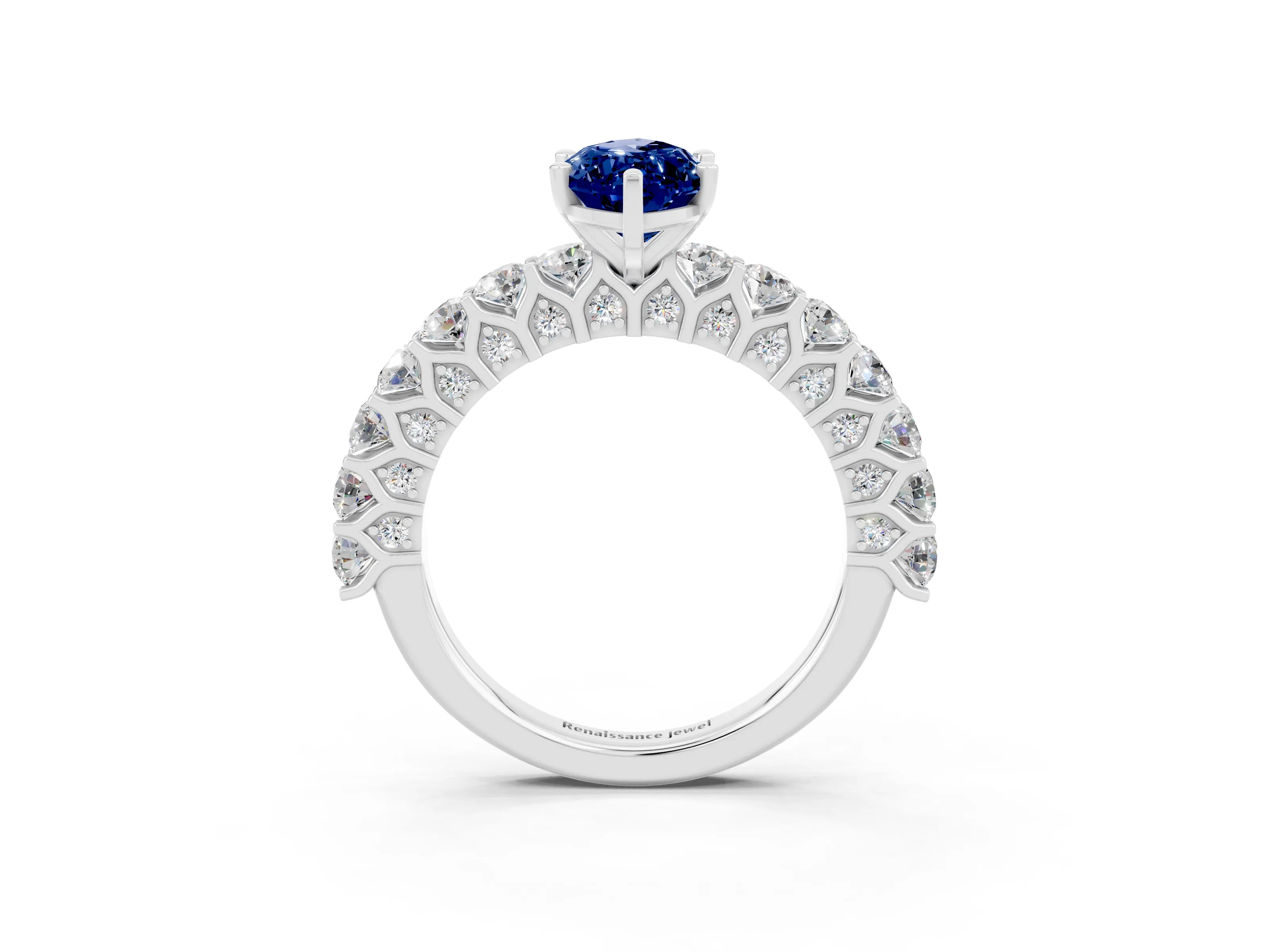 White gold Marquise Cut Blue Sapphire Solitaire Ring with Shared Prong Pavé Band and Four-Prong Setting_3