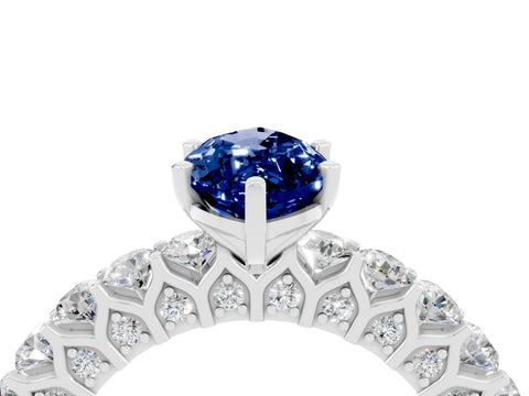 White gold Marquise Cut Blue Sapphire Solitaire Ring with Shared Prong Pavé Band and Four-Prong Setting_4