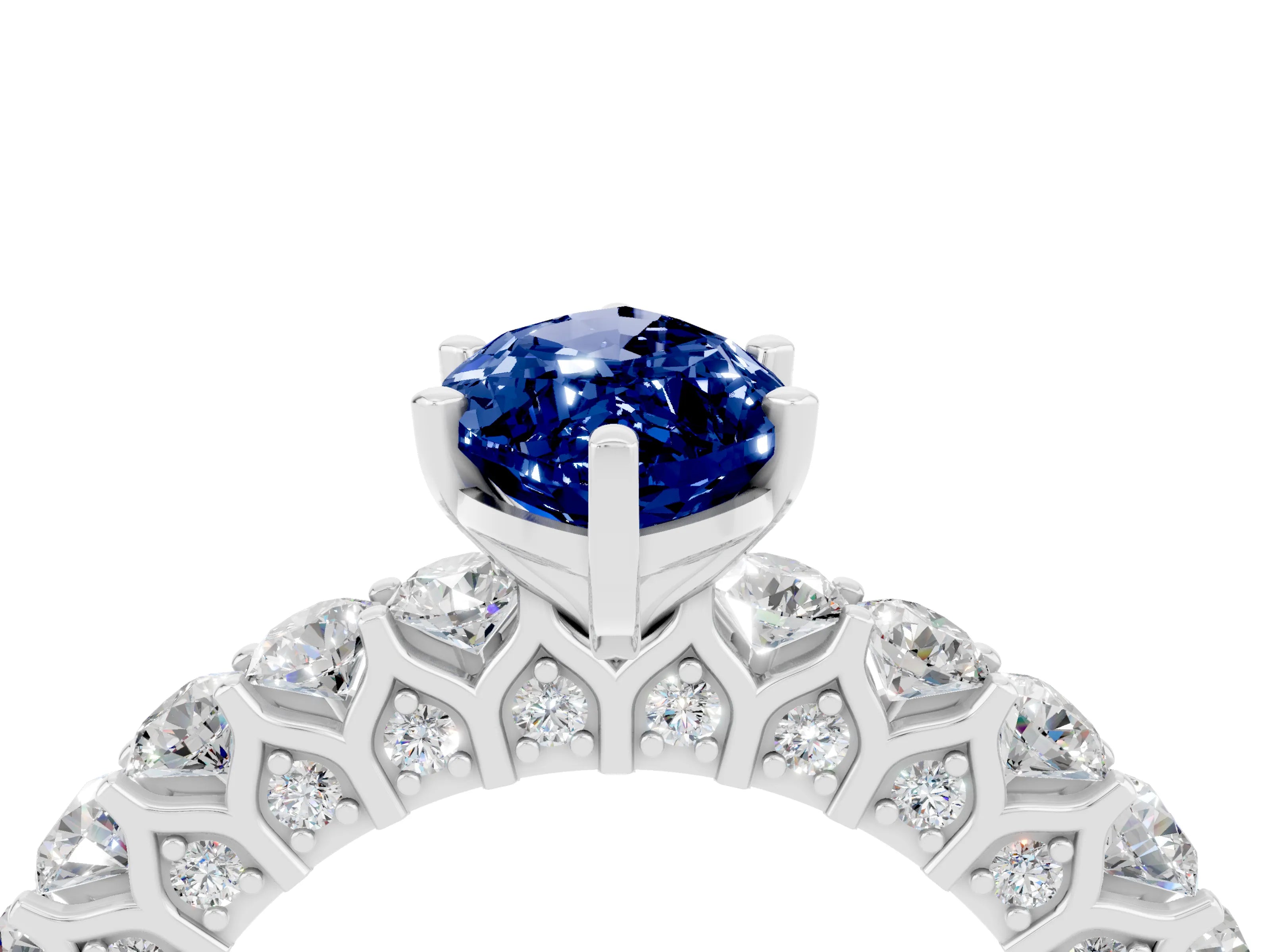 White gold Marquise Cut Blue Sapphire Solitaire Ring with Shared Prong Pavé Band and Four-Prong Setting_4
