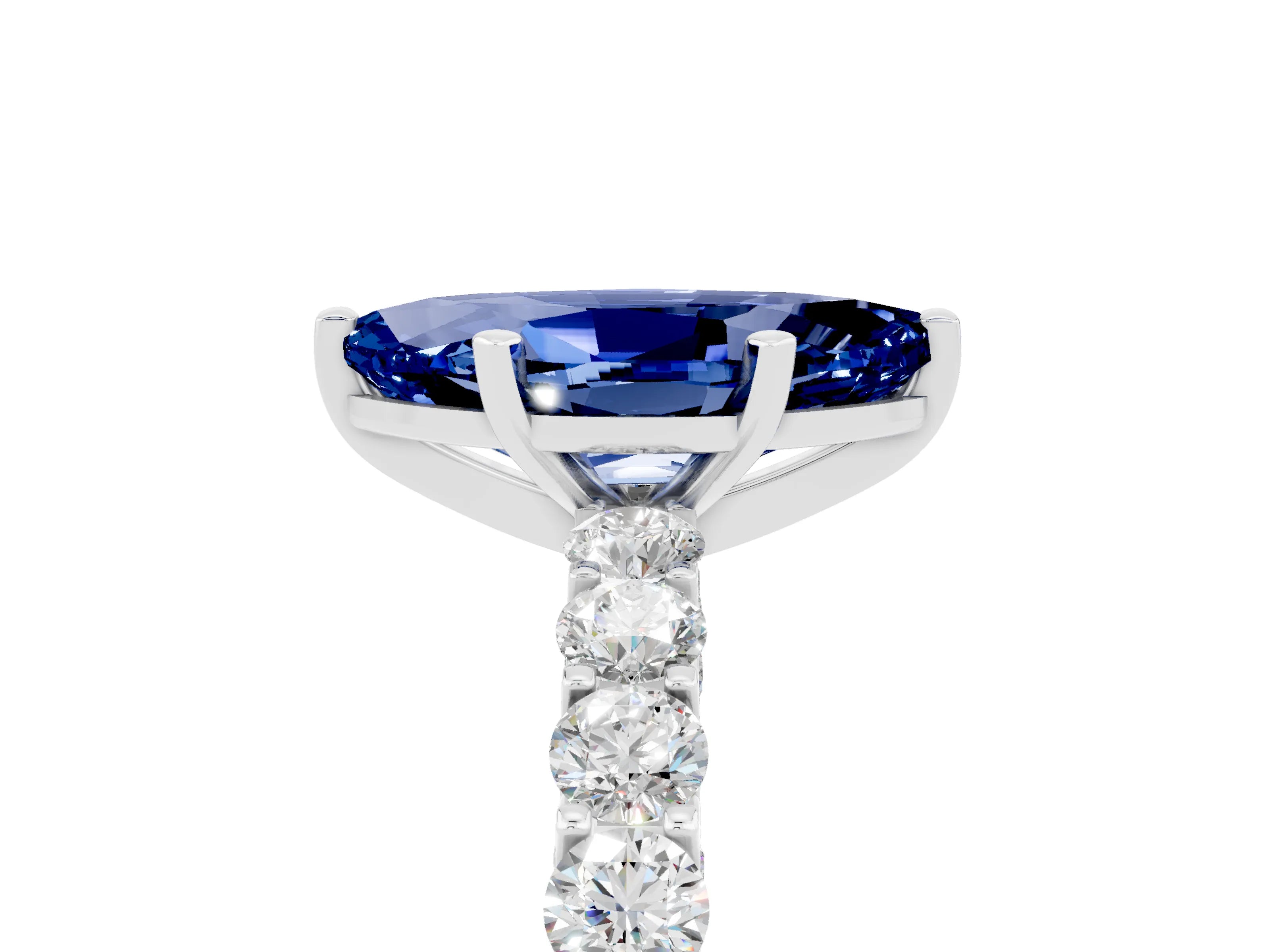 White gold Marquise Cut Blue Sapphire Solitaire Ring with Shared Prong Pavé Band and Four-Prong Setting_5