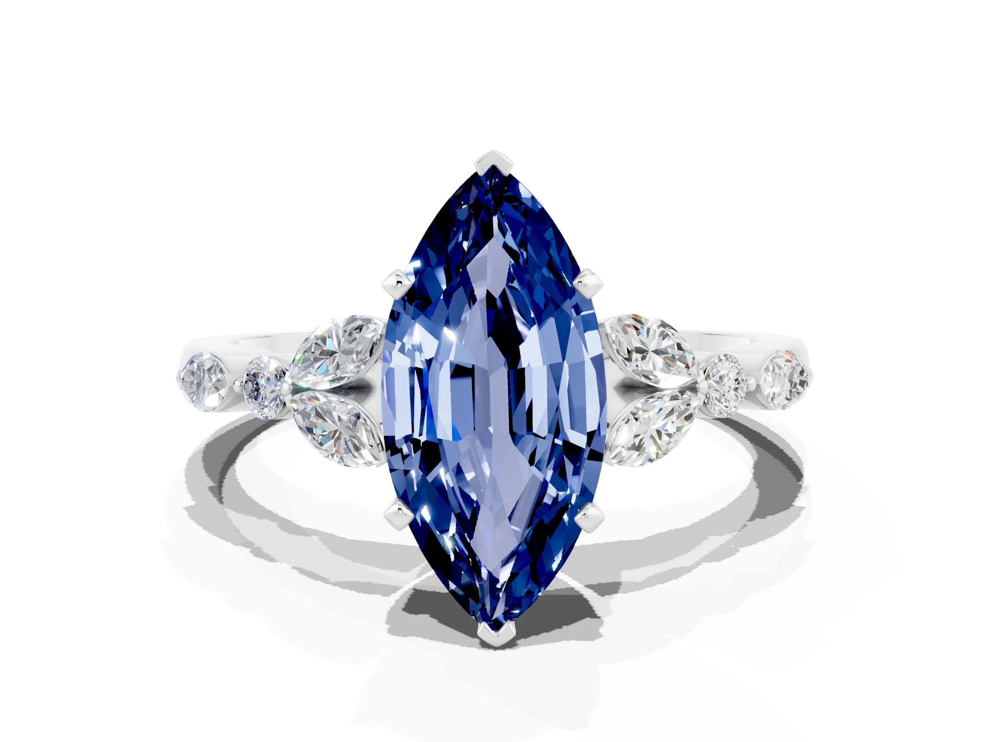 White gold Marquise Cut Blue Sapphire Solitaire Ring with Side Stones and Four-Prong Setting_36