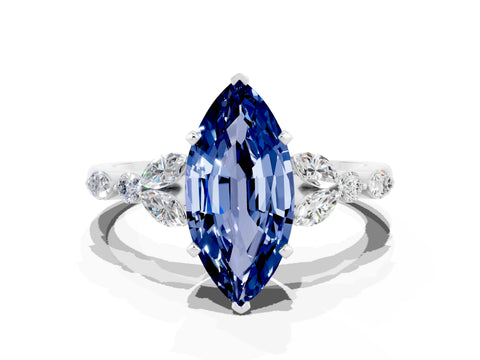 White gold Marquise Cut Blue Sapphire Solitaire Ring with Side Stones and Four-Prong Setting_36