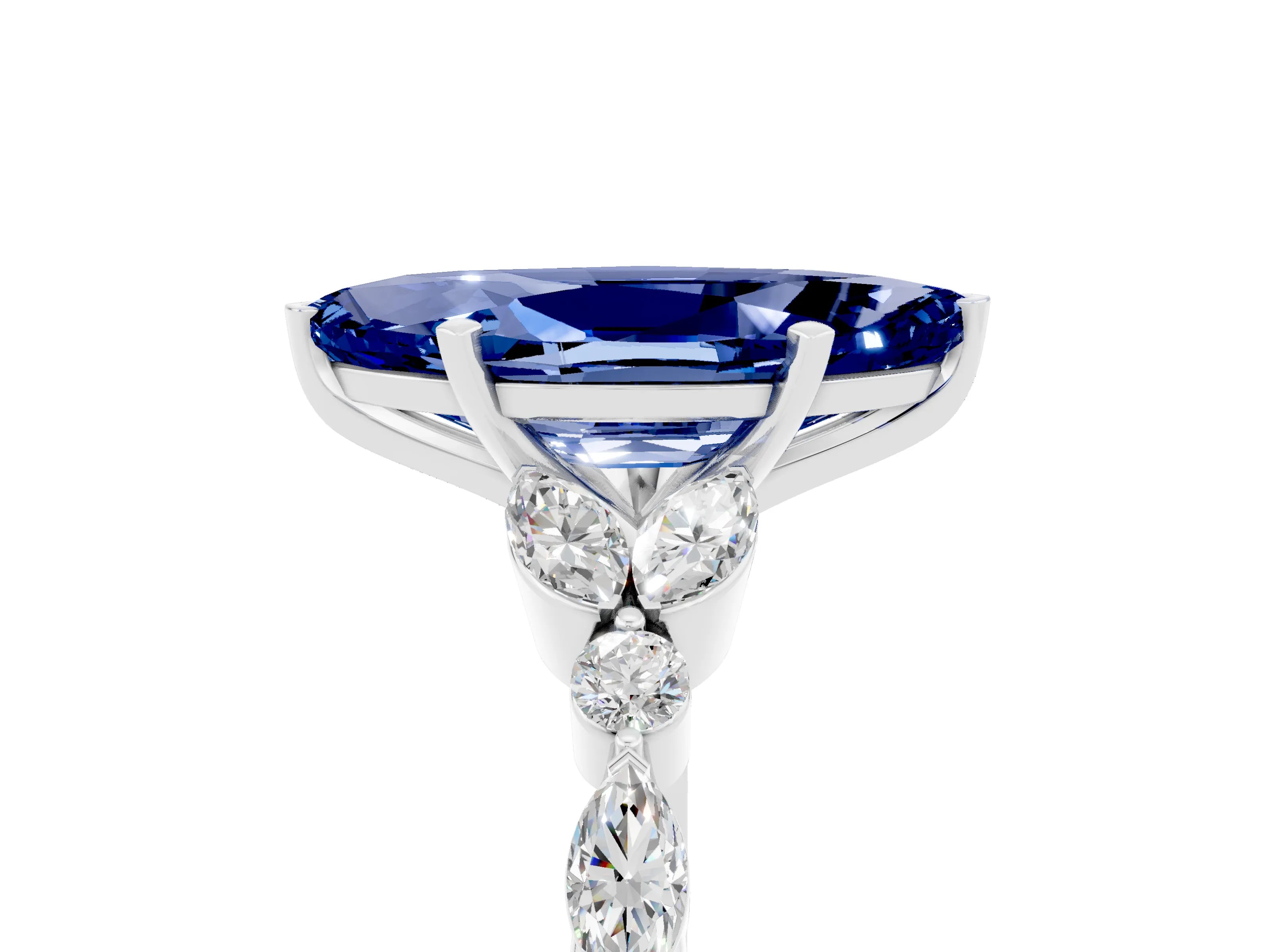 White gold Marquise Cut Blue Sapphire Solitaire Ring with Side Stones and Four-Prong Setting_41