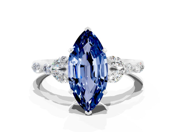 White gold Marquise Cut Blue Sapphire Solitaire Ring with Side Stones and Four-Prong Setting