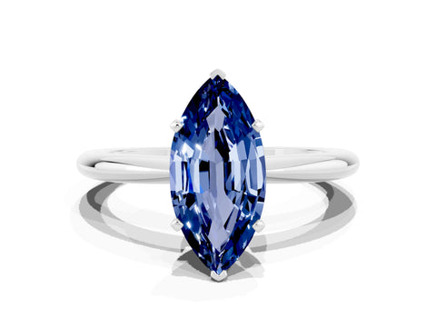 White gold Marquise Cut Blue Sapphire Solitaire Ring with Six-Prong Setting and Classic Band