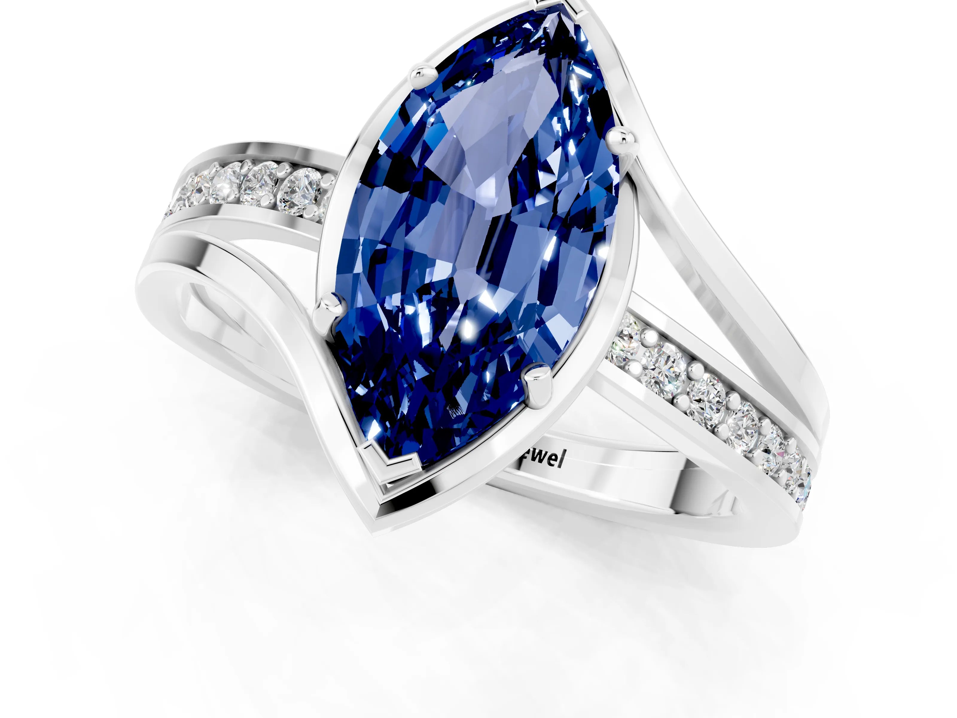 White gold Marquise Cut Blue Sapphire Solitaire Ring with Split Shank and Prong Setting_1
