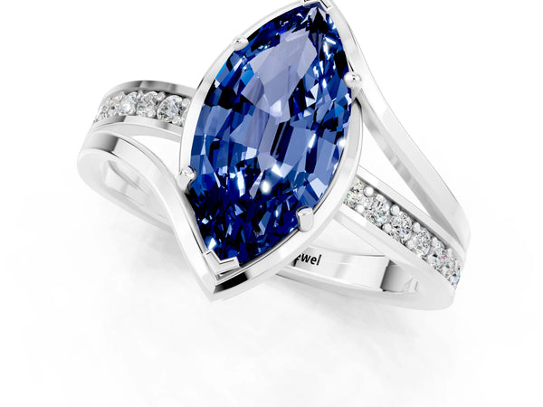 Silver Marquise Cut Blue Sapphire Solitaire Ring with Split Shank and Prong Setting