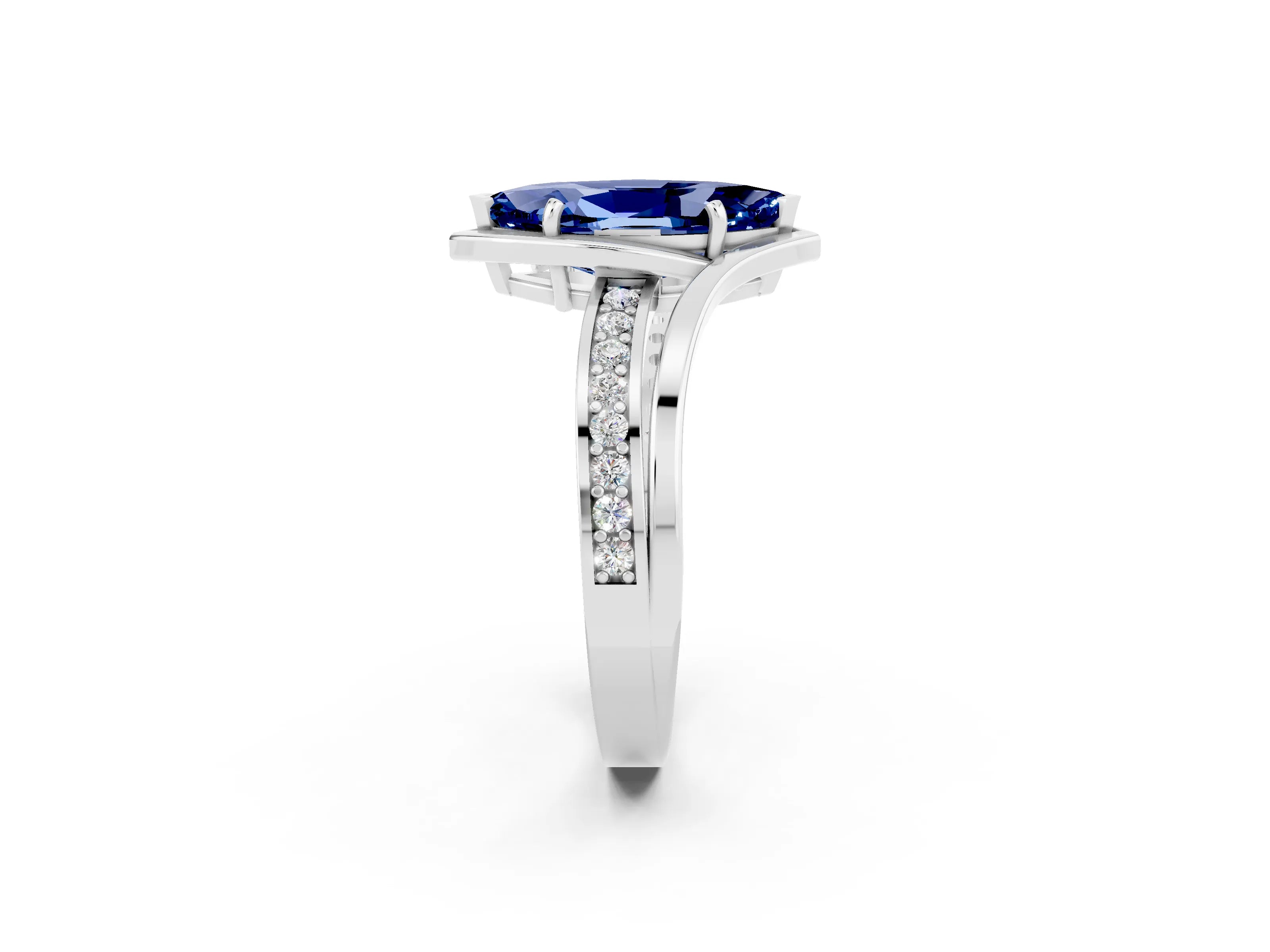 White gold Marquise Cut Blue Sapphire Solitaire Ring with Split Shank and Prong Setting_2