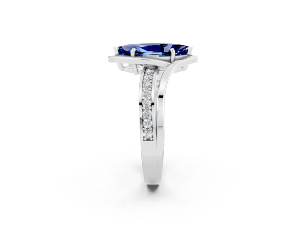 Silver Marquise Cut Blue Sapphire Solitaire Ring with Split Shank and Prong Setting
