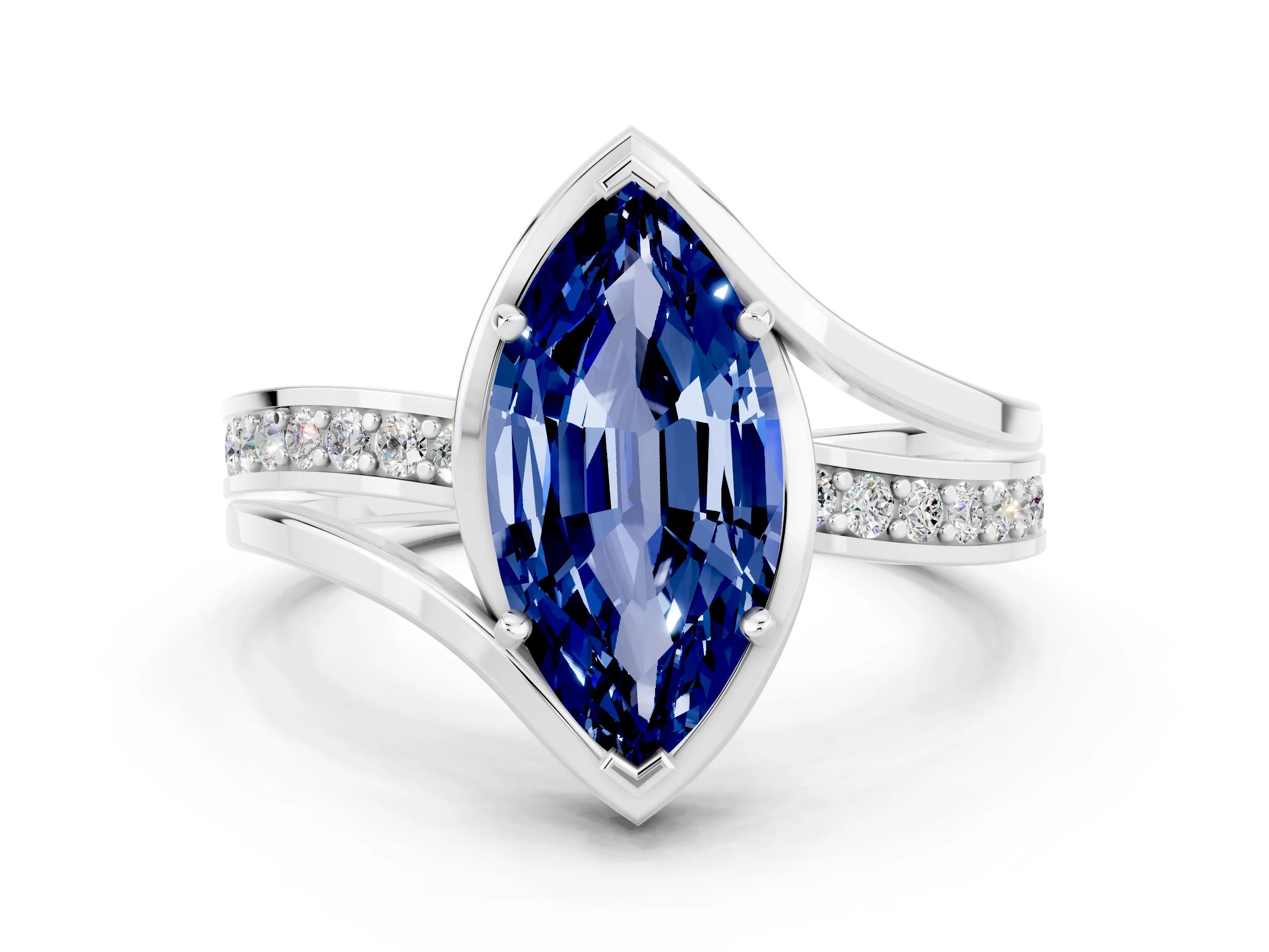 White gold Marquise Cut Blue Sapphire Solitaire Ring with Split Shank and Prong Setting