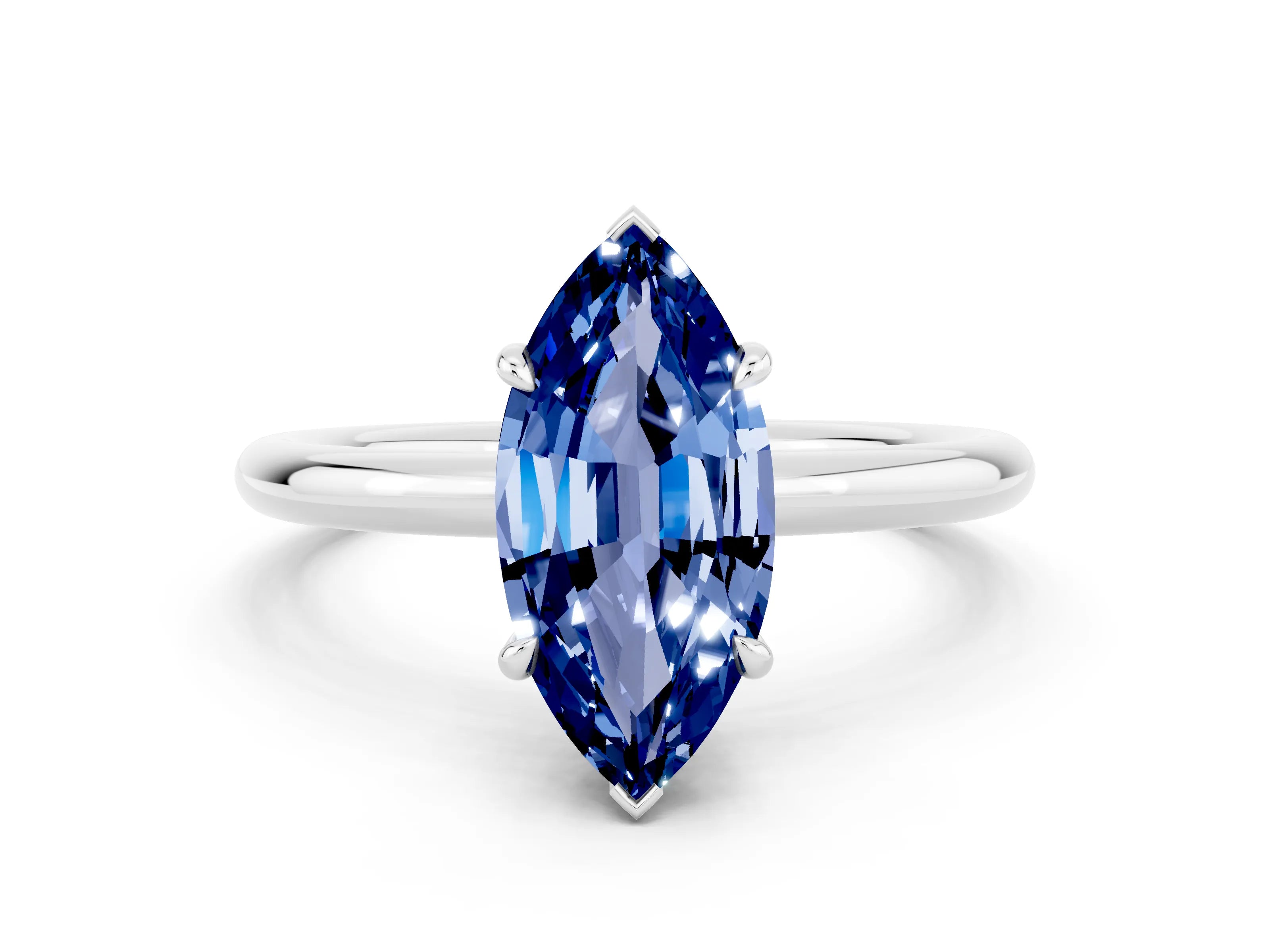 White gold Marquise Cut Blue Sapphire Solitaire Ring with Thin Band and Four-Prong Setting_12