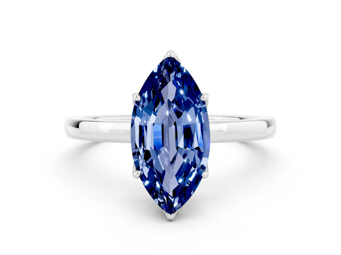 White gold Marquise Cut Blue Sapphire Solitaire Ring with Thin Band and Prong Setting_18