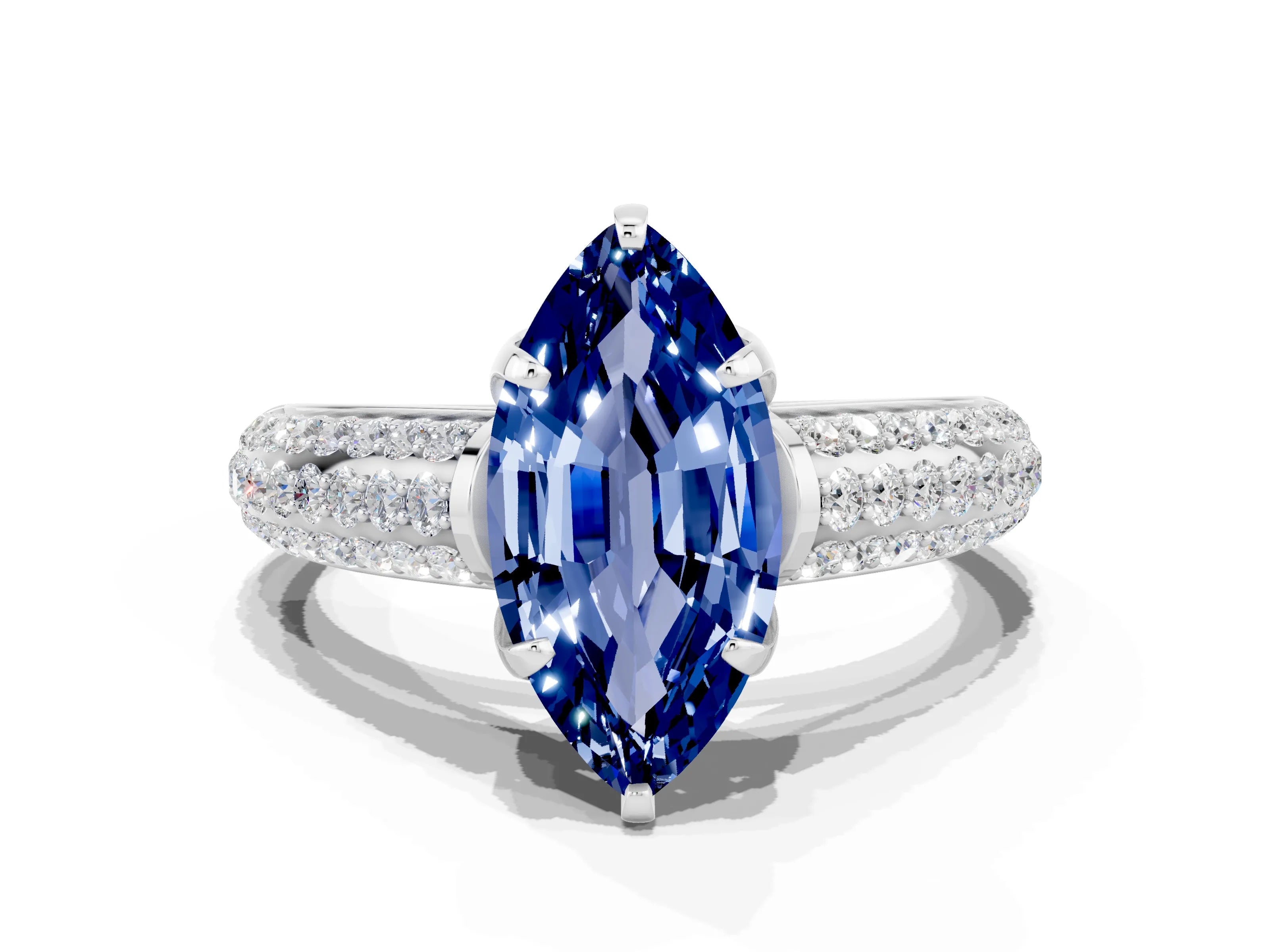 White gold Marquise Cut Blue Sapphire Solitaire Ring with Three-Row Pavé Band and Four-Prong Setting_12