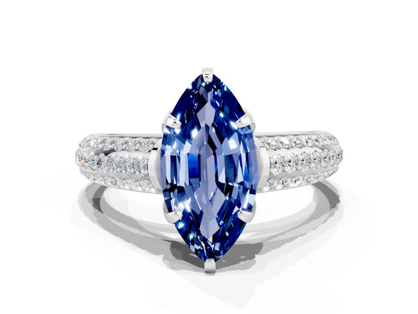 Platinum Marquise Cut Blue Sapphire Solitaire Ring with Three-Row Pavé Band and Four-Prong Setting