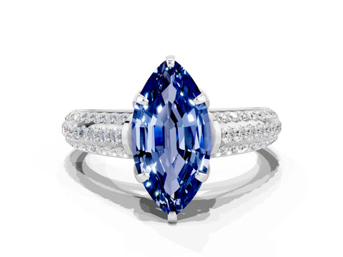 White gold Marquise Cut Blue Sapphire Solitaire Ring with Three-Row Pavé Band and Four-Prong Setting_12