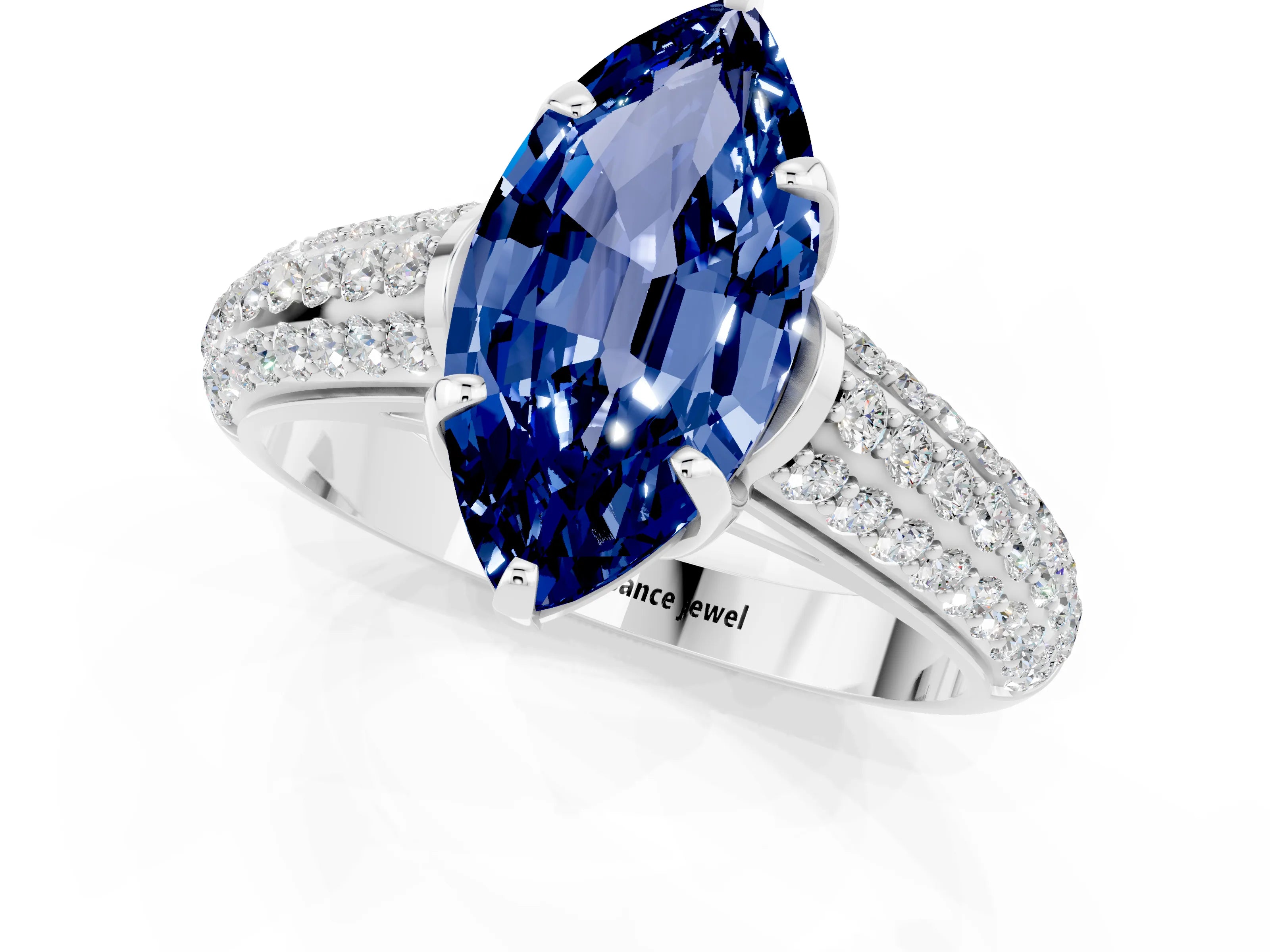 White gold Marquise Cut Blue Sapphire Solitaire Ring with Three-Row Pavé Band and Four-Prong Setting_13