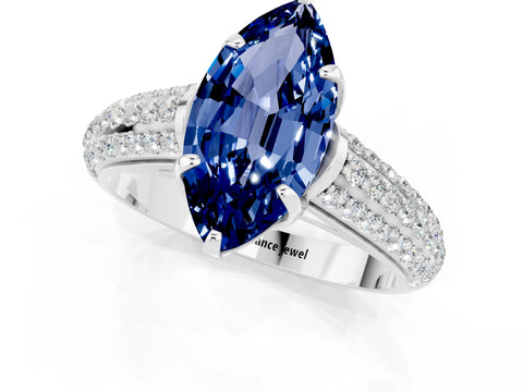 White gold Marquise Cut Blue Sapphire Solitaire Ring with Three-Row Pavé Band and Four-Prong Setting_13