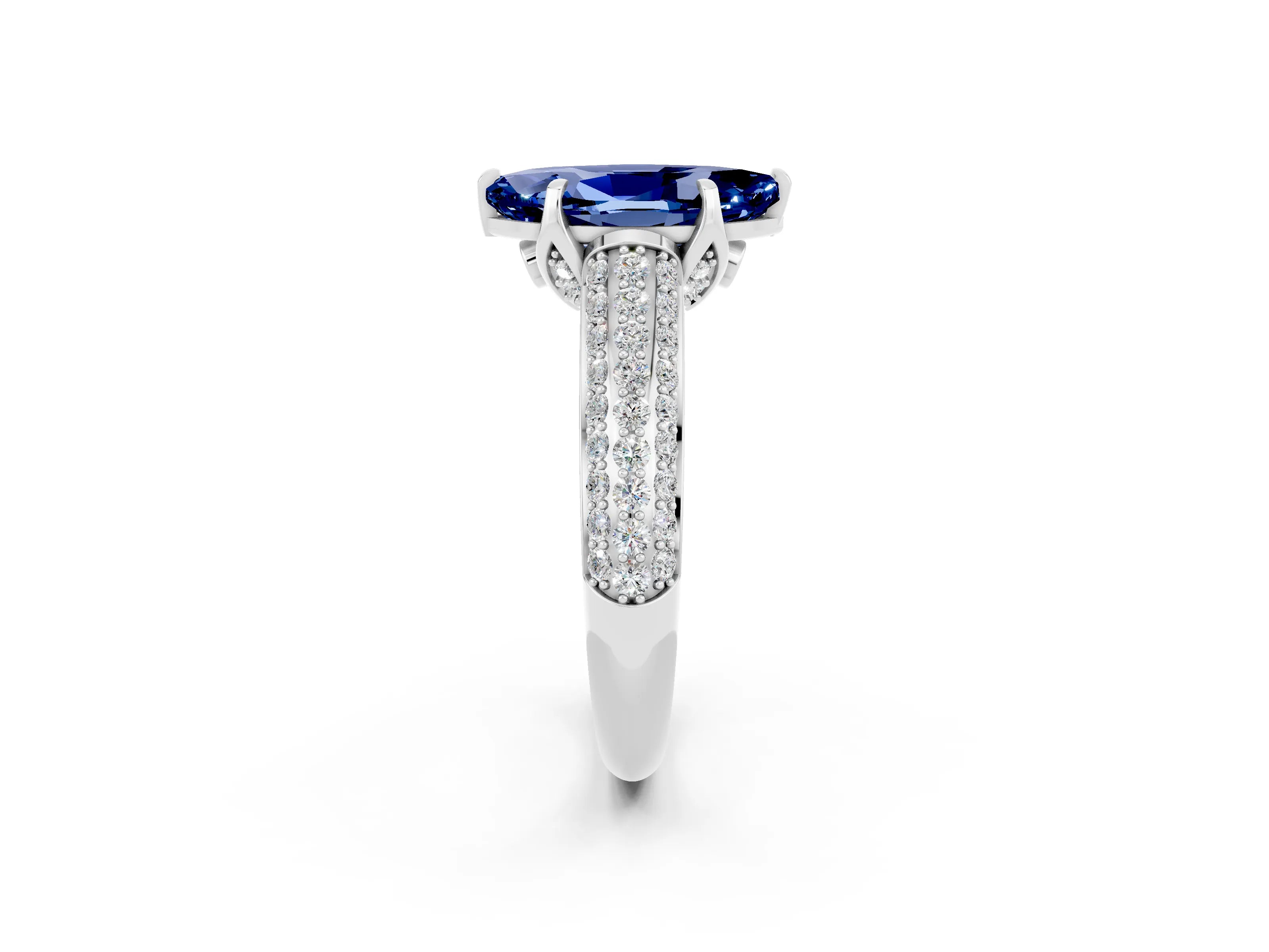 White gold Marquise Cut Blue Sapphire Solitaire Ring with Three-Row Pavé Band and Four-Prong Setting_14