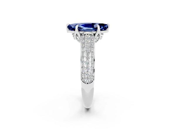 White gold Marquise Cut Blue Sapphire Solitaire Ring with Three-Row Pavé Band and Four-Prong Setting