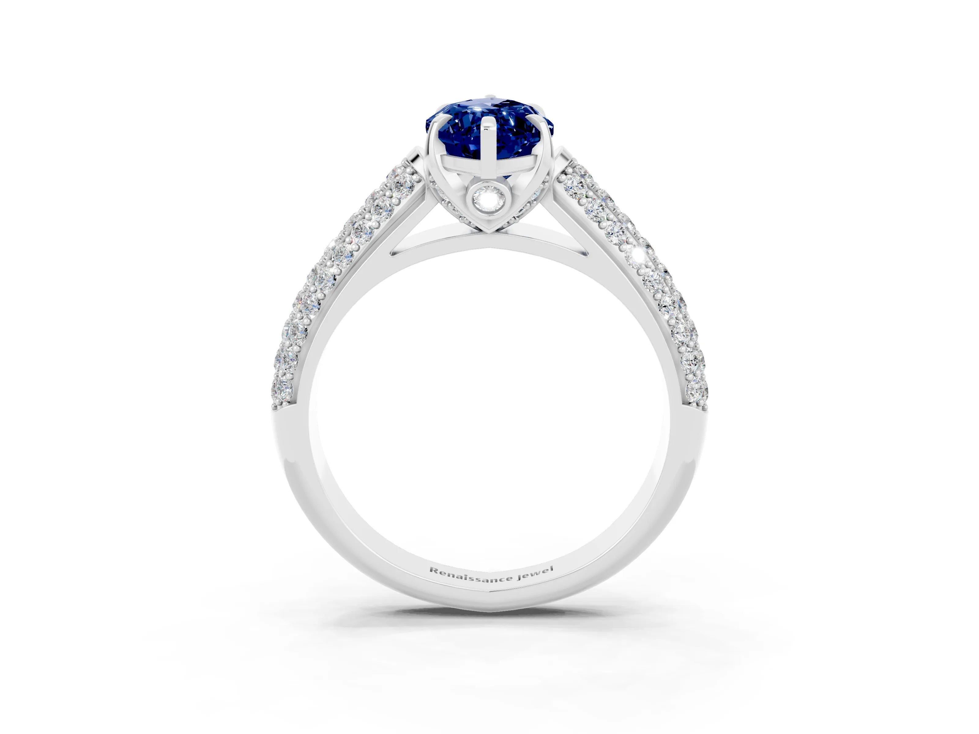 White gold Marquise Cut Blue Sapphire Solitaire Ring with Three-Row Pavé Band and Four-Prong Setting_15