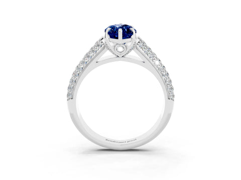 White gold Marquise Cut Blue Sapphire Solitaire Ring with Three-Row Pavé Band and Four-Prong Setting_15