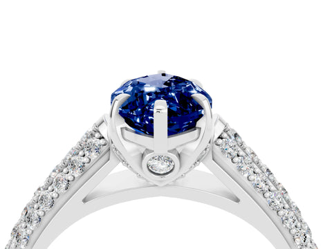 White gold Marquise Cut Blue Sapphire Solitaire Ring with Three-Row Pavé Band and Four-Prong Setting_16