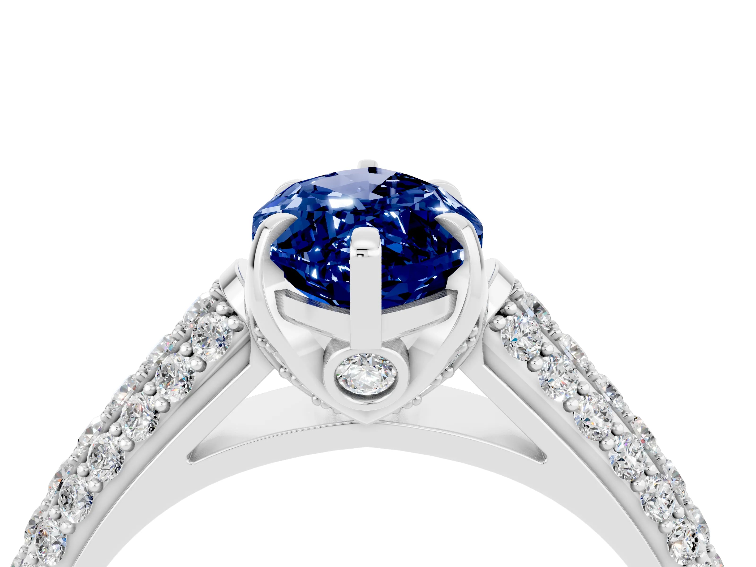 White gold Marquise Cut Blue Sapphire Solitaire Ring with Three-Row Pavé Band and Four-Prong Setting_16