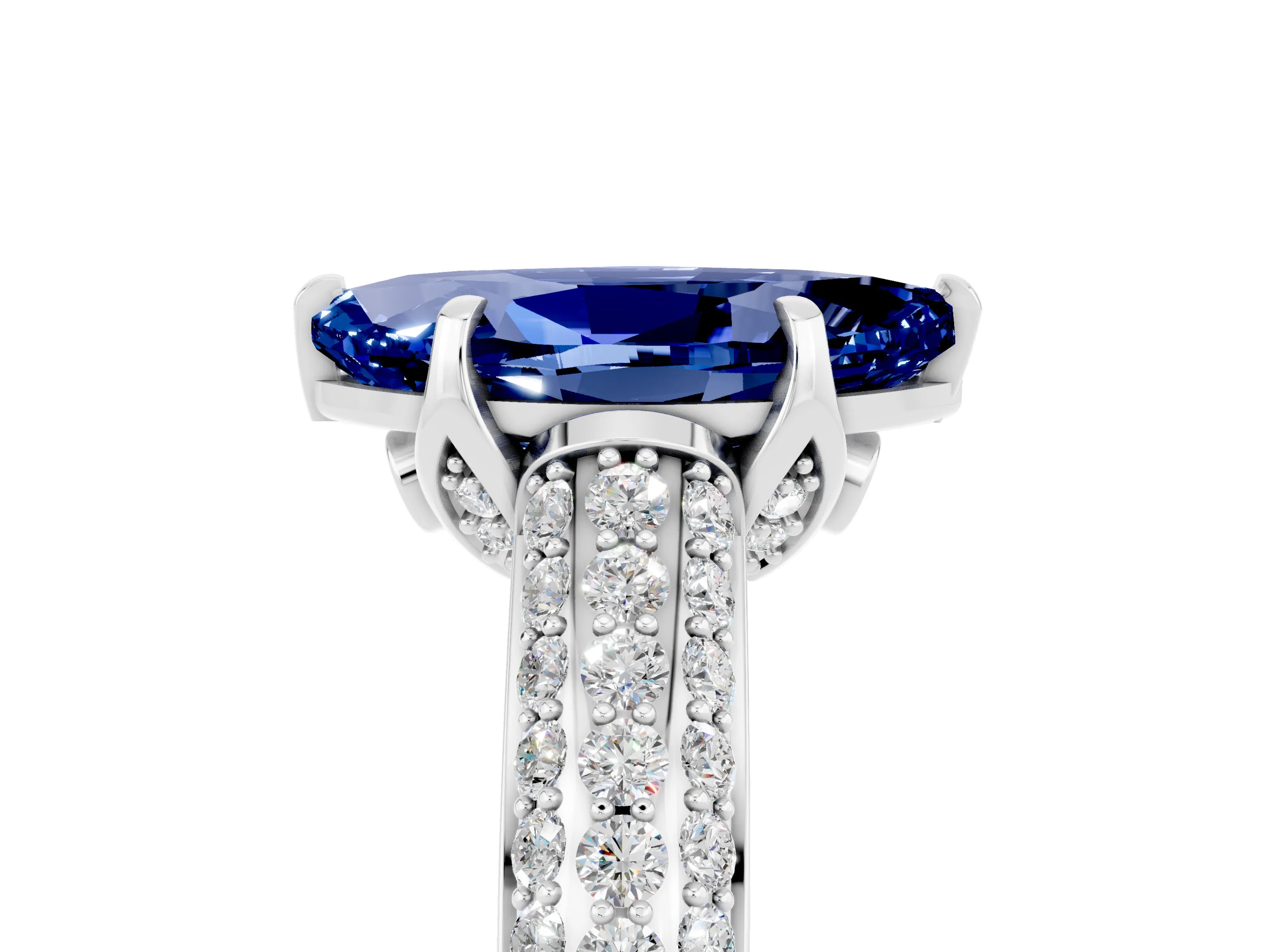 White gold Marquise Cut Blue Sapphire Solitaire Ring with Three-Row Pavé Band and Four-Prong Setting_17