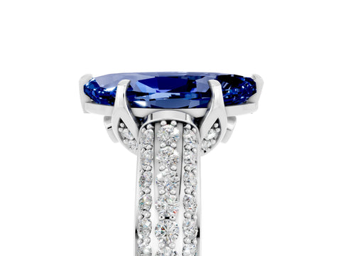 White gold Marquise Cut Blue Sapphire Solitaire Ring with Three-Row Pavé Band and Four-Prong Setting_17