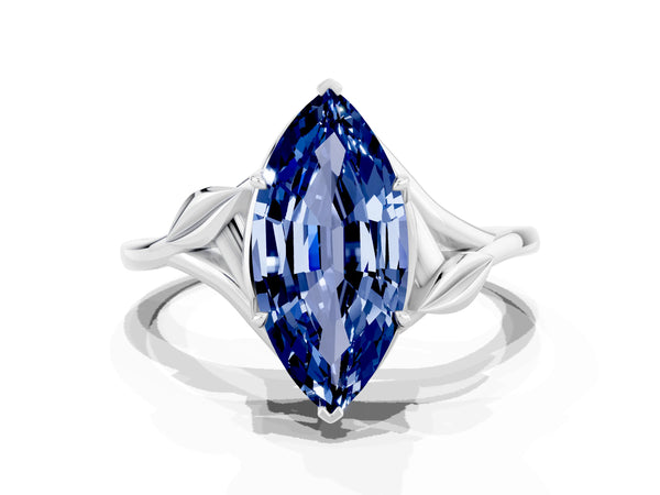 Silver Marquise Cut Blue Sapphire Solitaire Ring with Twist Band and Four-Prong Setting