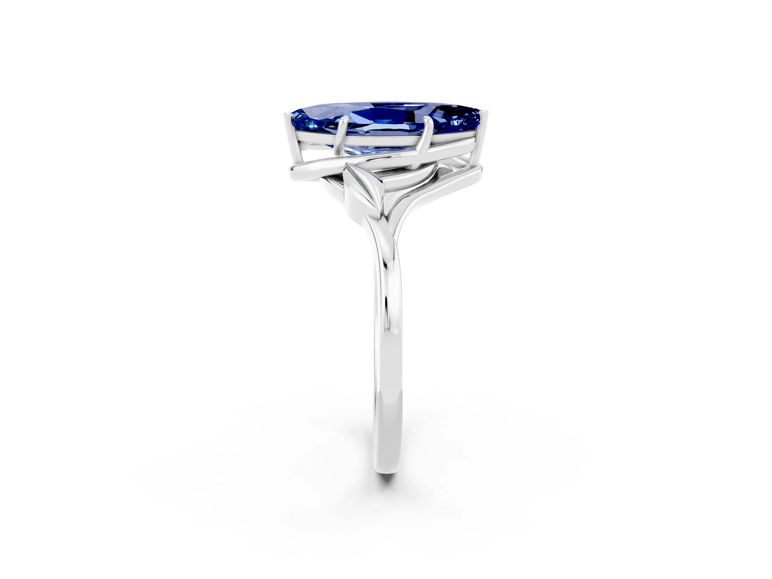 White gold Marquise Cut Blue Sapphire Solitaire Ring with Twist Band and Four-Prong Setting_14