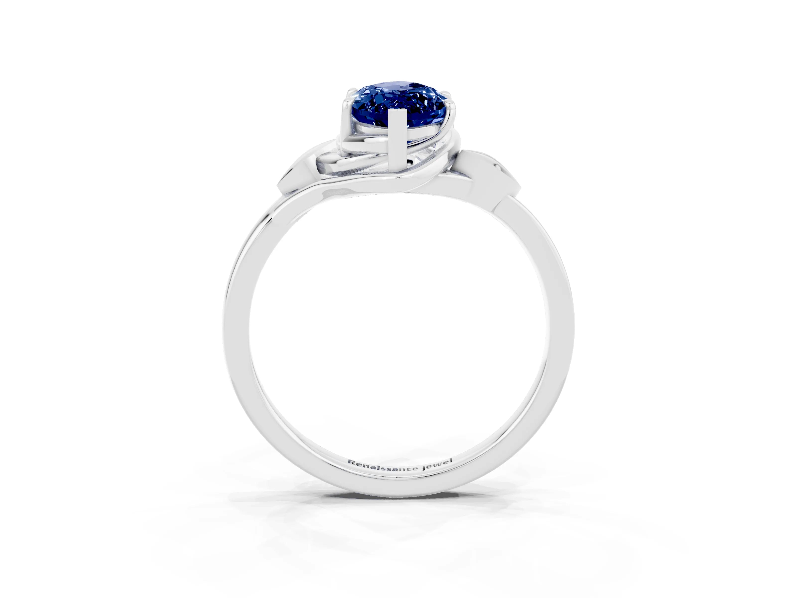 White gold Marquise Cut Blue Sapphire Solitaire Ring with Twist Band and Four-Prong Setting_15