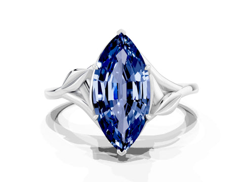 White gold Marquise Cut Blue Sapphire Solitaire Ring with Twist Band and Four-Prong Setting_36