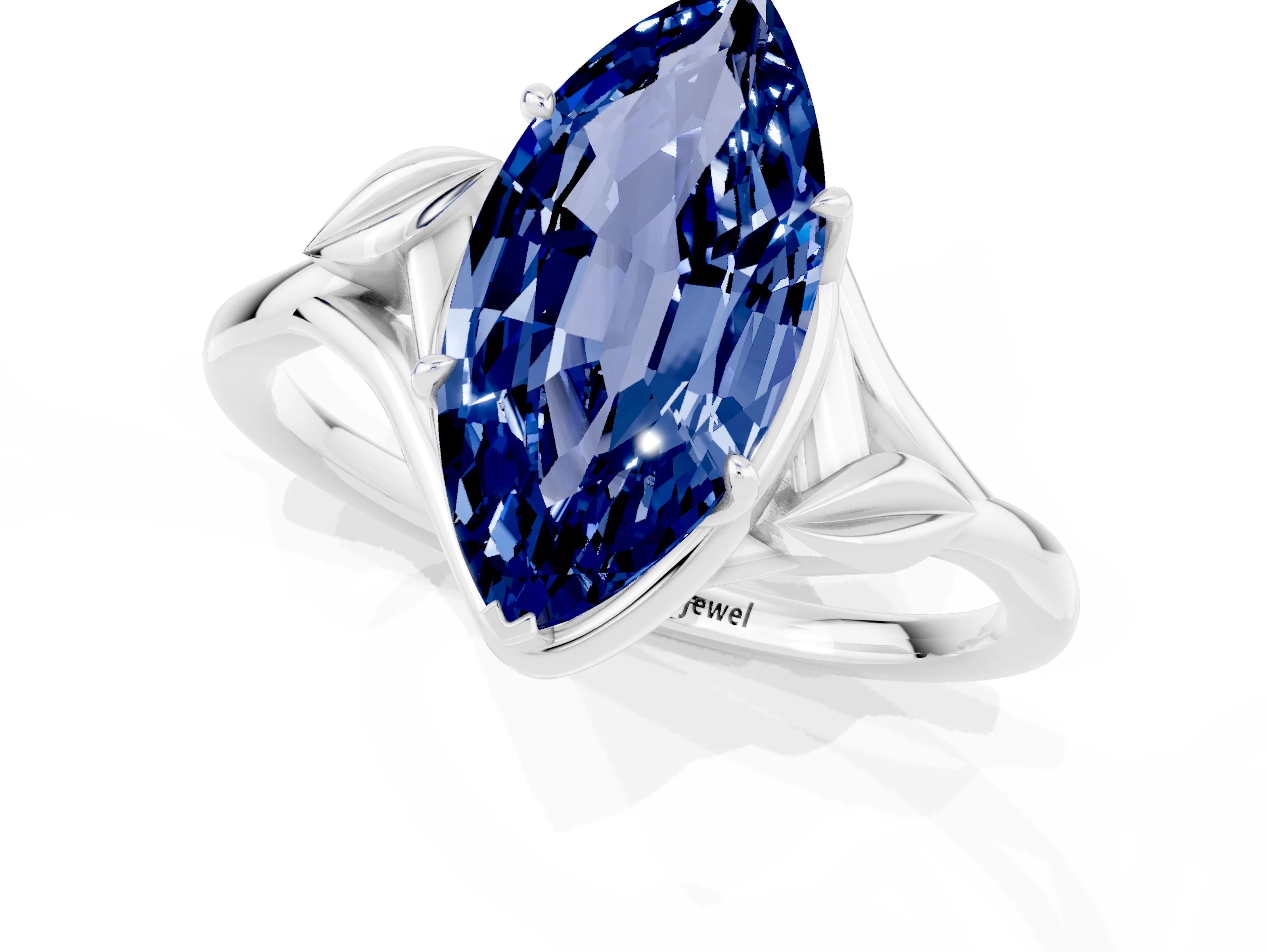 White gold Marquise Cut Blue Sapphire Solitaire Ring with Twist Band and Four-Prong Setting_37