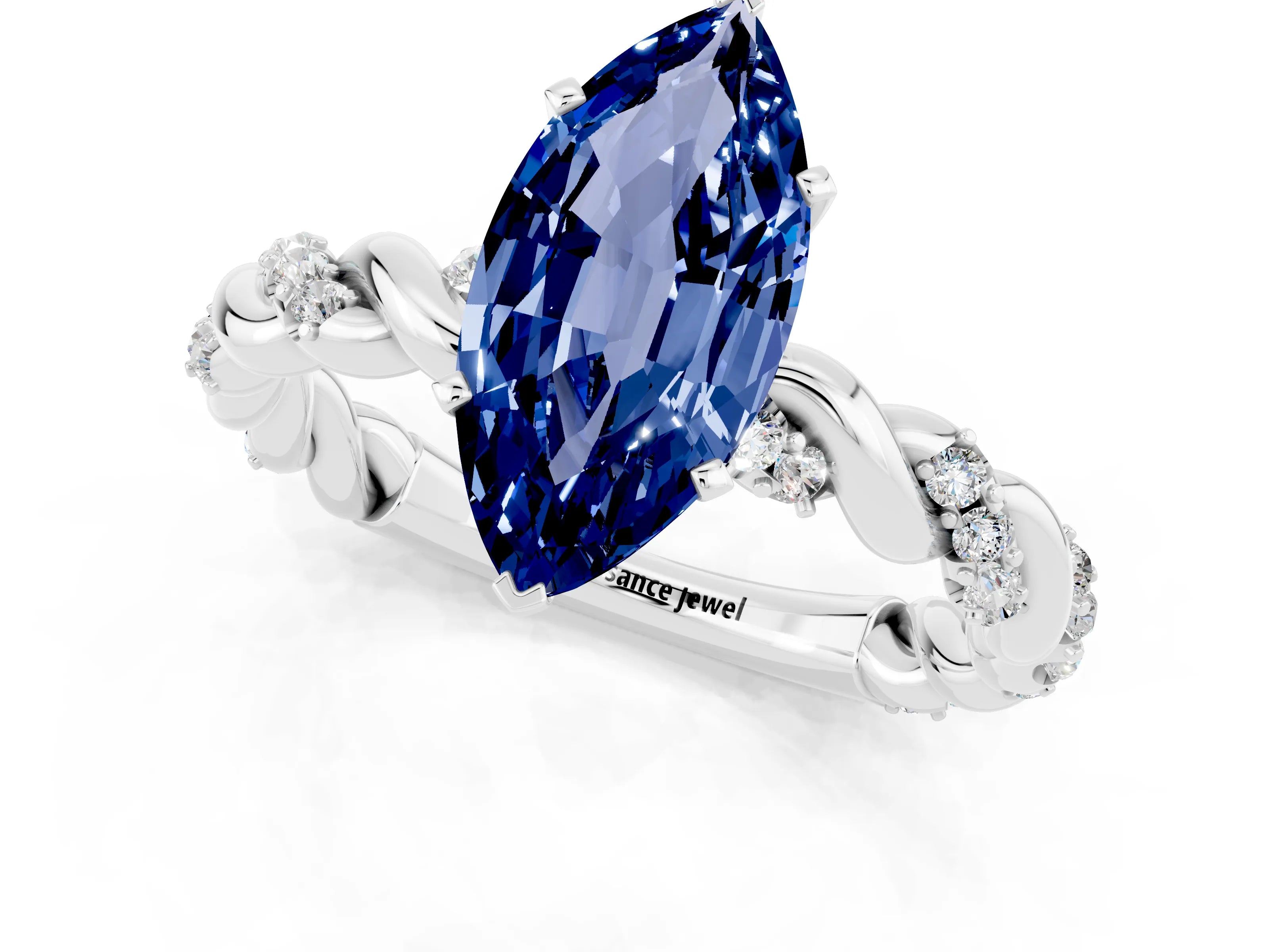 White gold Marquise Cut Blue Sapphire Solitaire Ring with Twisted Band and Pavé Accents_1