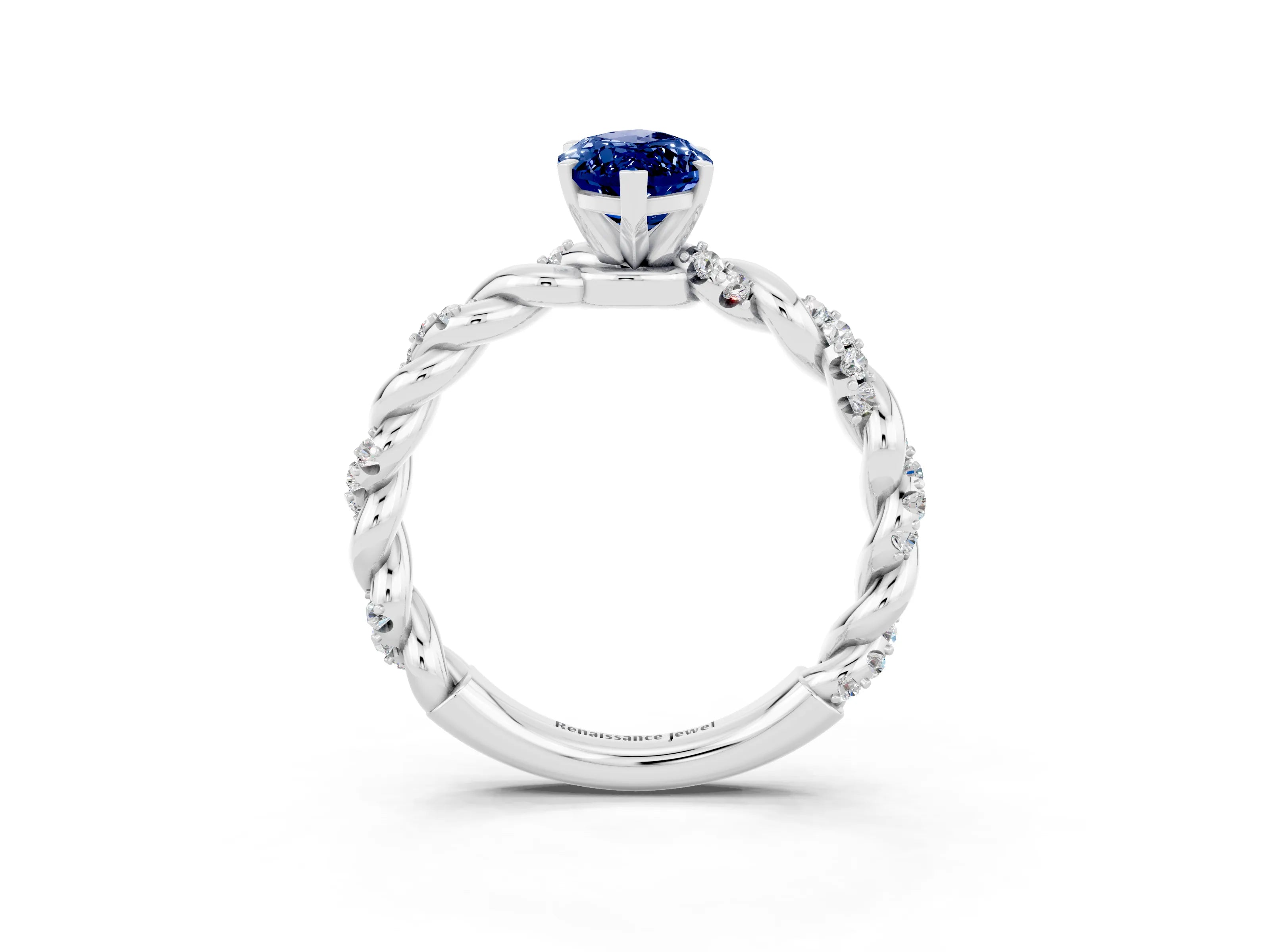White gold Marquise Cut Blue Sapphire Solitaire Ring with Twisted Band and Pavé Accents_3