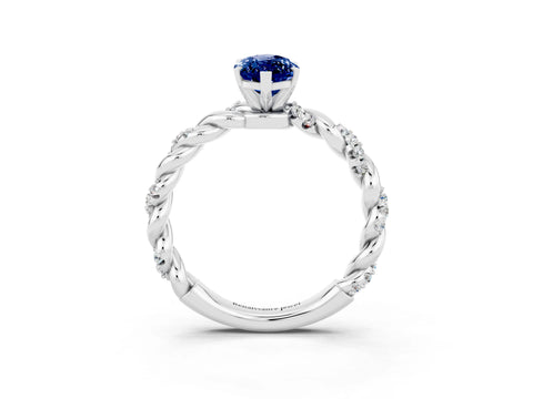 White gold Marquise Cut Blue Sapphire Solitaire Ring with Twisted Band and Pavé Accents_3